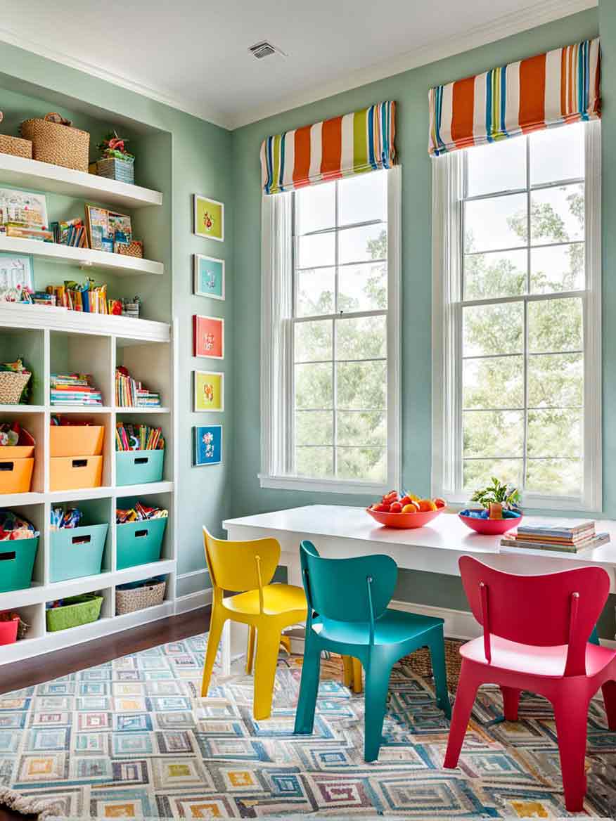 21+ Playroom Ideas for Kids: Inspiring Spaces for Learning and Fun 20 Colorful kids homework area with table and colorful chairs.