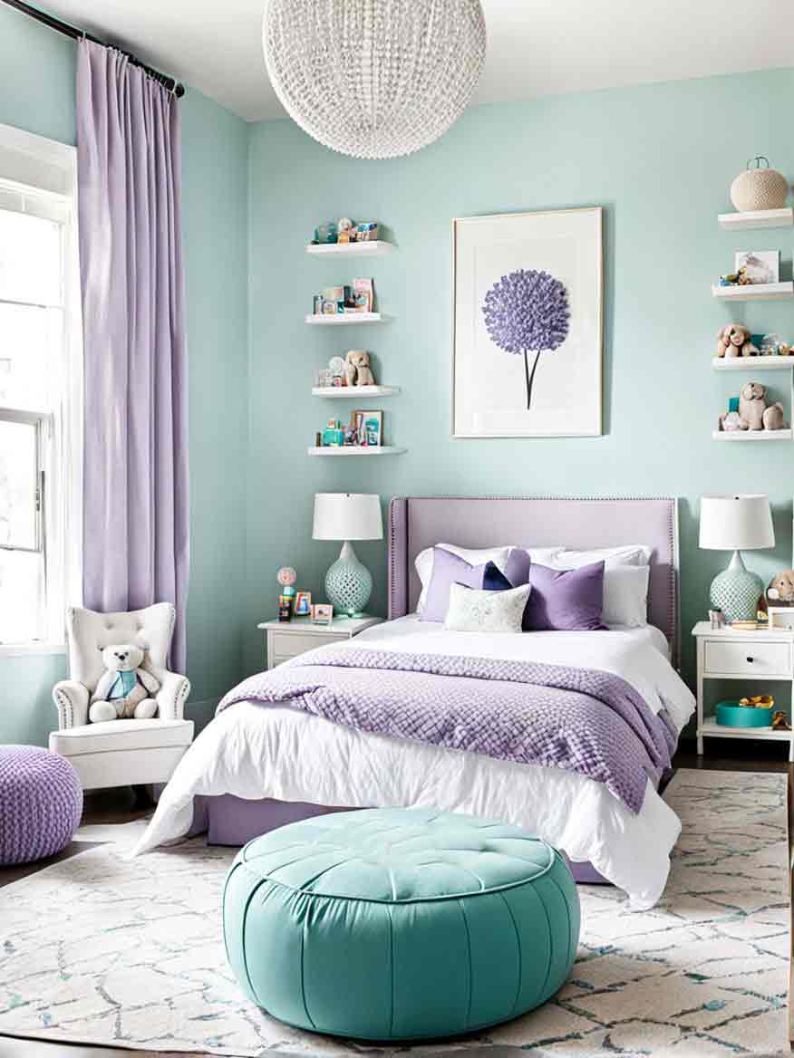 Pastel purple and teal teens bedroom