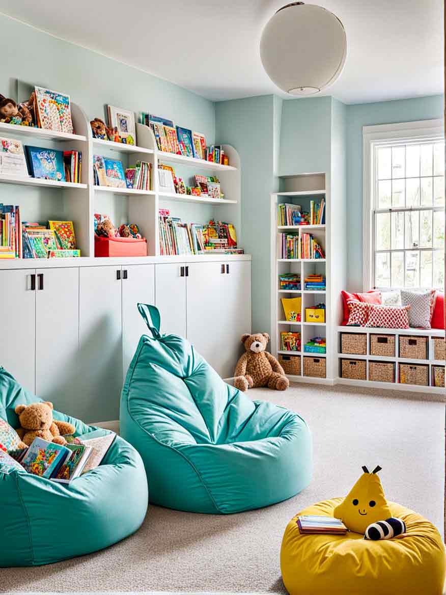 21+ Playroom Ideas for Kids: Inspiring Spaces for Learning and Fun 13 Pastel blue kids play room with lots of storage and cupboards. Also has a window seat and bean bag chairs.