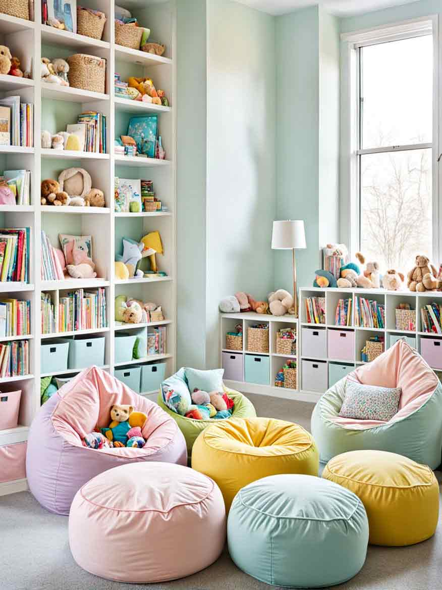 21+ Playroom Ideas for Kids: Inspiring Spaces for Learning and Fun 17 Children's play area with poufs and bean bag chairs. It also has floor to ceilings bookshelves and bookshelves below the window.