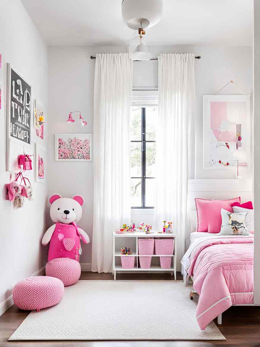 Girls bedroom with pink and white color palette