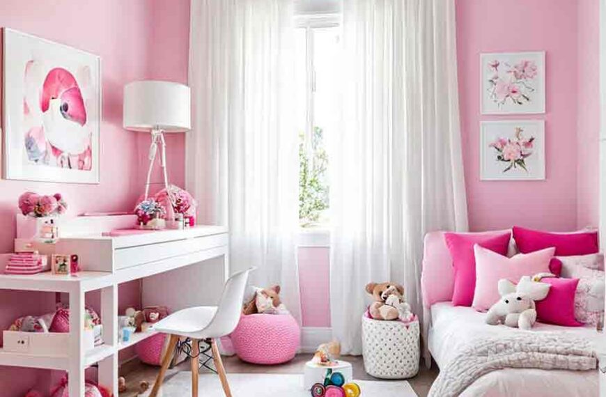 White and pink girls bedroom with writing desk