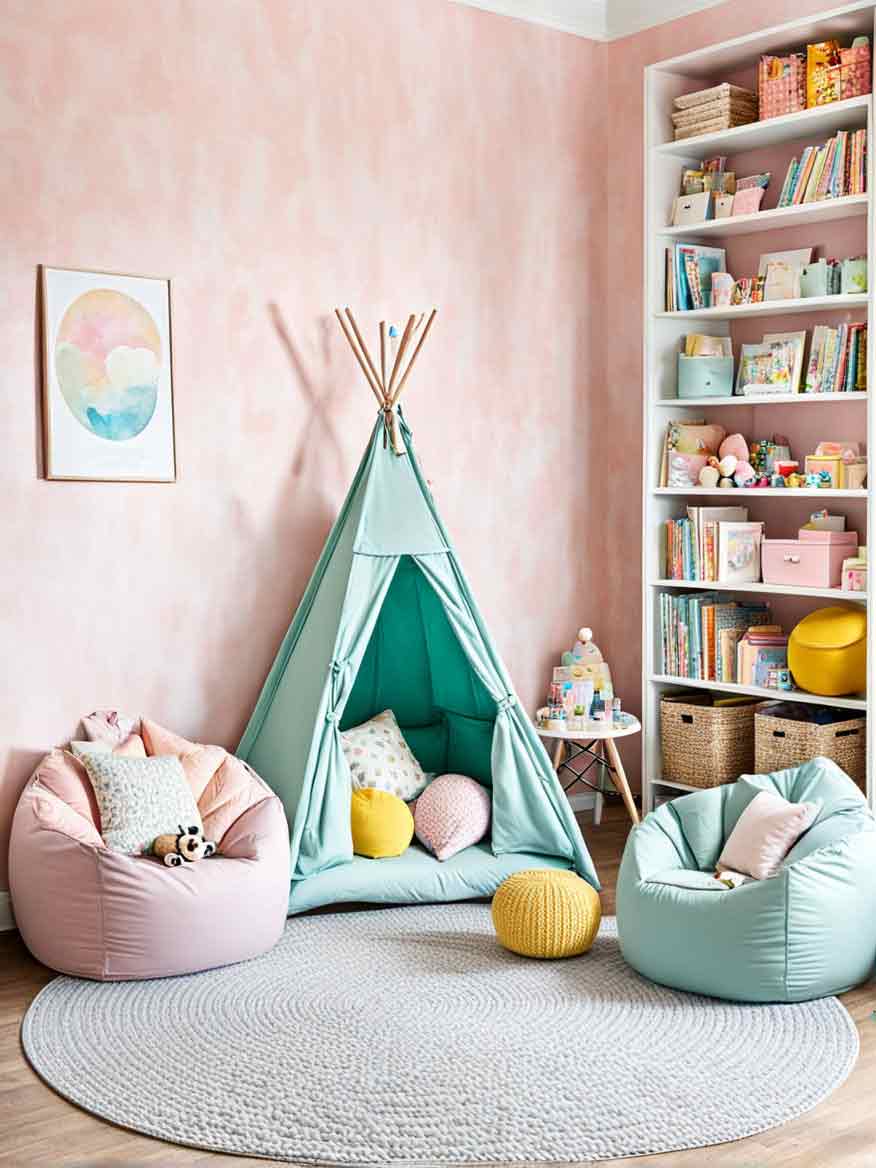 21+ Playroom Ideas for Kids: Inspiring Spaces for Learning and Fun 7 Kids play corner with reading tent and pastel color scheme