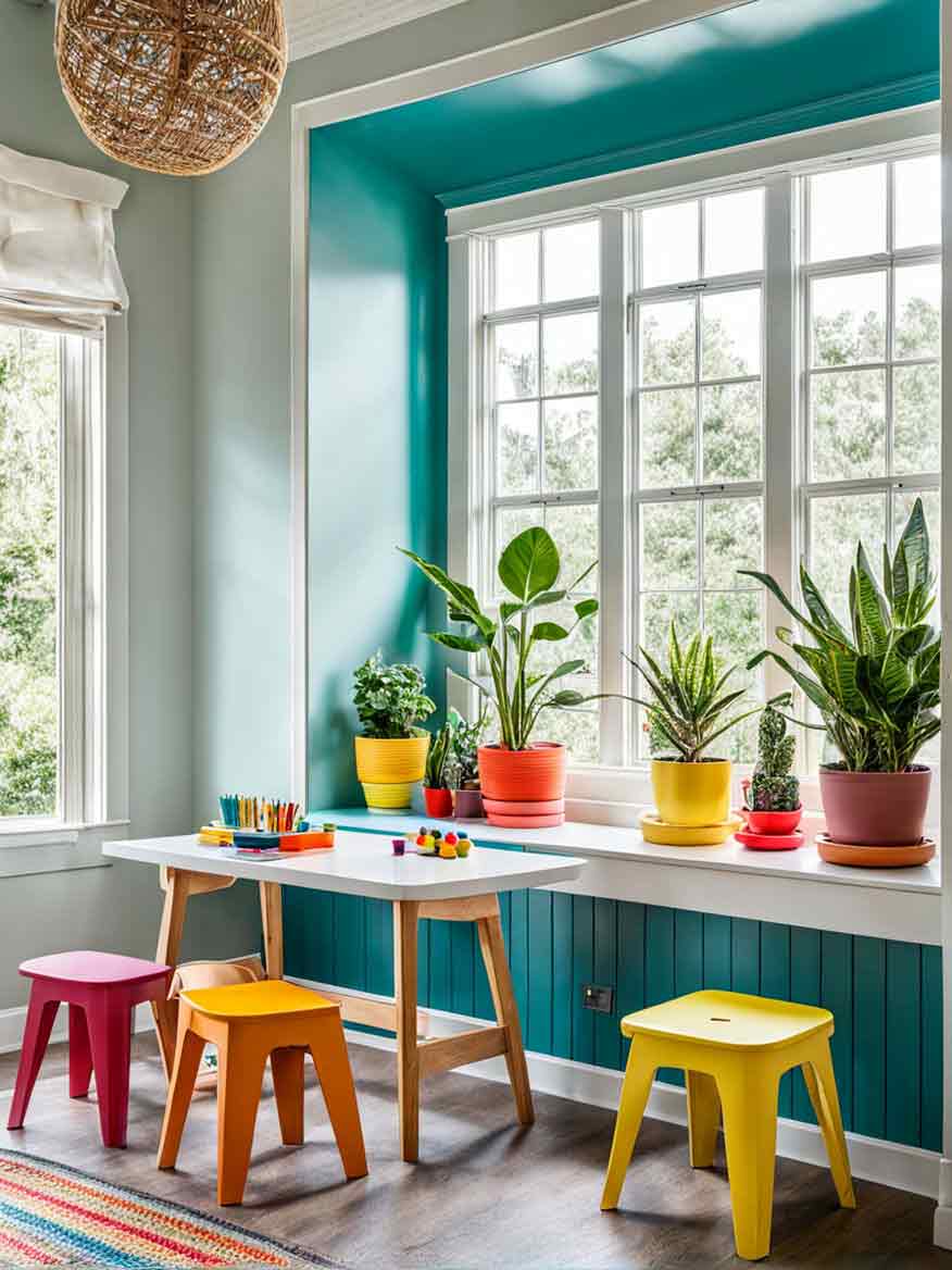 21+ Playroom Ideas for Kids: Inspiring Spaces for Learning and Fun 19 Bright kids play area with table and chairs.