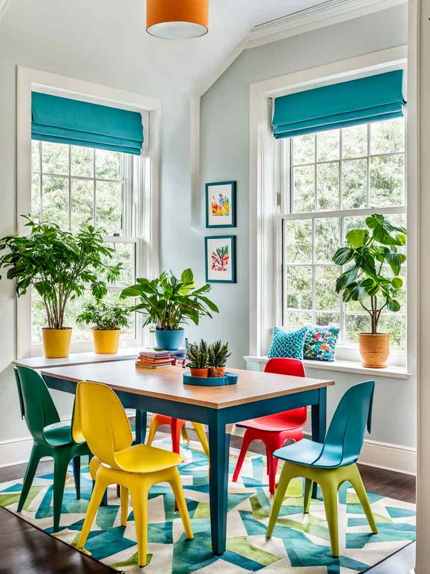 21+ Playroom Ideas for Kids: Inspiring Spaces for Learning and Fun 21 Playroom idea for older kids featuring colorful chairs around a table.