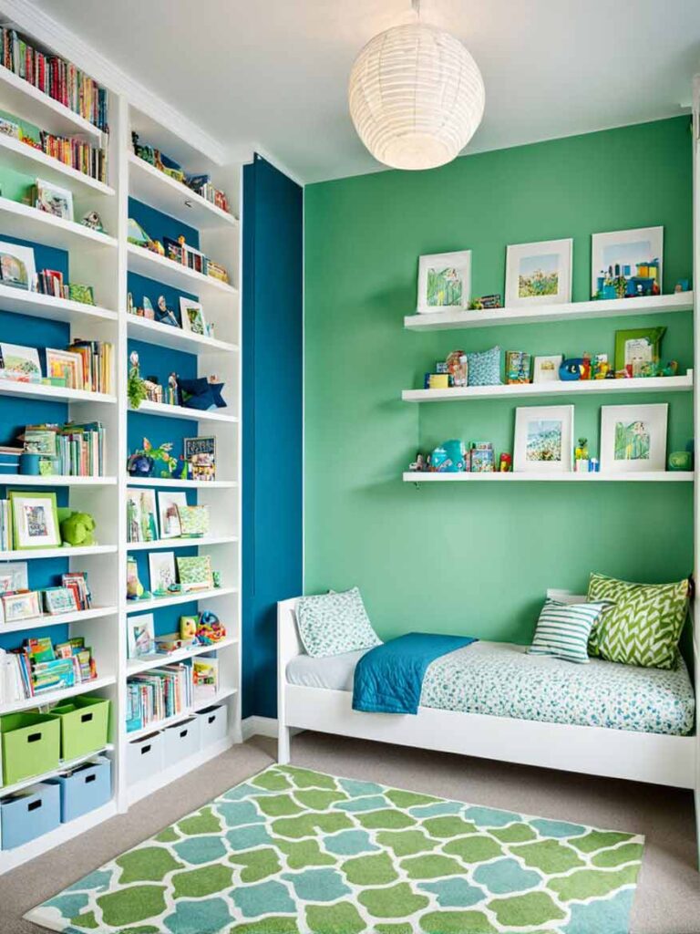 41+ Gorgeously Green Bedroom Ideas For Girls 30 Blue and green kids bedroom with bookshelves