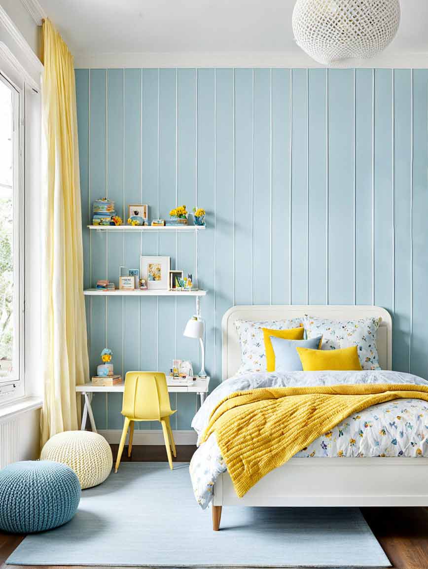 Girls bedroom with blue walls and yellow accent colors