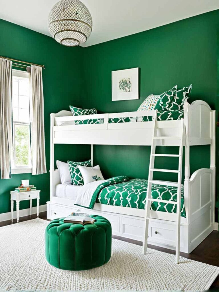 41+ Gorgeously Green Bedroom Ideas For Girls 14 Emerald green and white girls bedroom with bunk bed