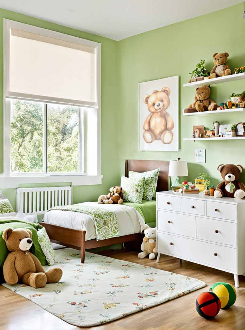 girls bedroom with green, white and brown color scheme