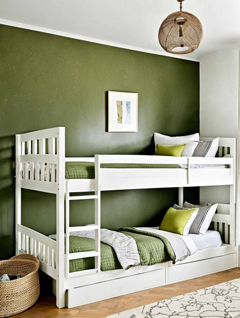 41+ Gorgeously Green Bedroom Ideas For Girls 12 Girls bedroom with olive green accent wall and white bunk bed