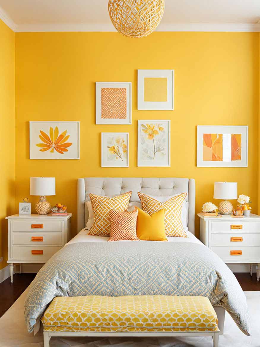 Yellow and orange girls bedroom with double bed