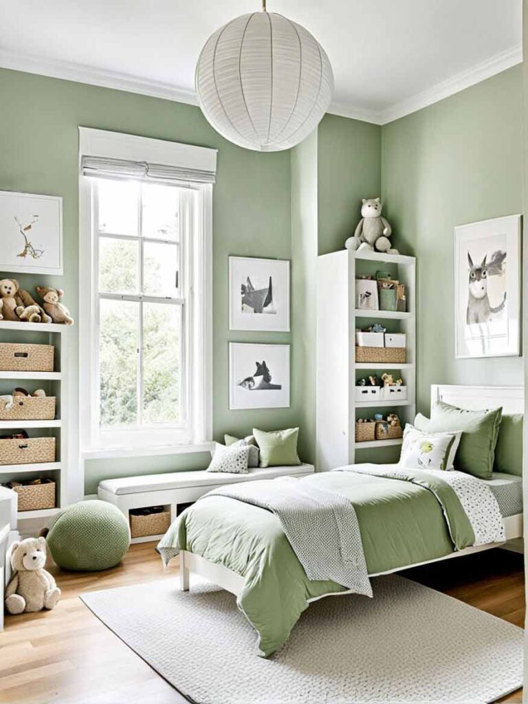 41+ Gorgeously Green Bedroom Ideas For Girls 5 Sage green girls bedroom with shelves