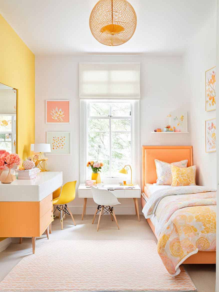 peach and yellow girls bedroom with writing desk