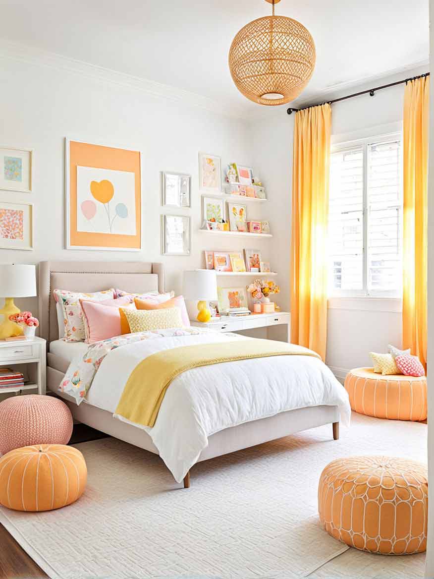 girls bedroom with peach and yellow color scheme