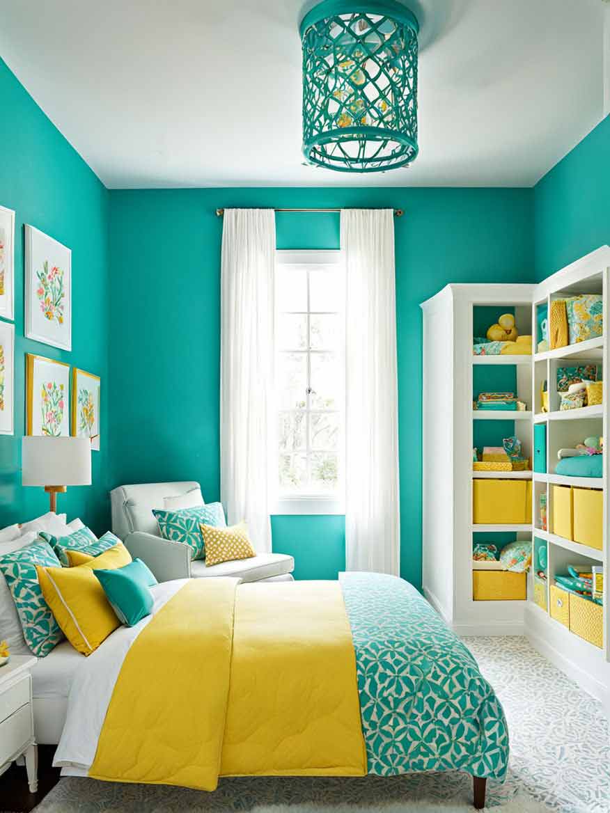 Yellow and teal girls bedroom with bookshelves