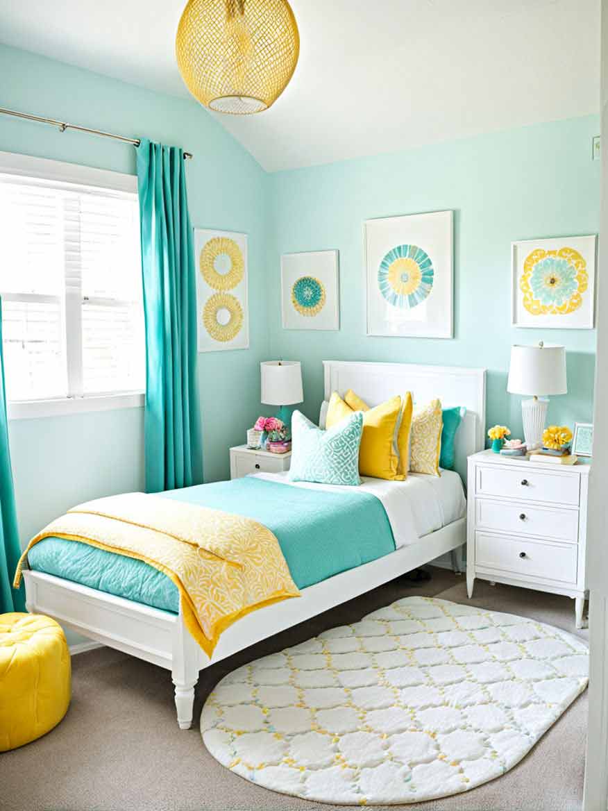 girls bedroom with teal and yellow color palette