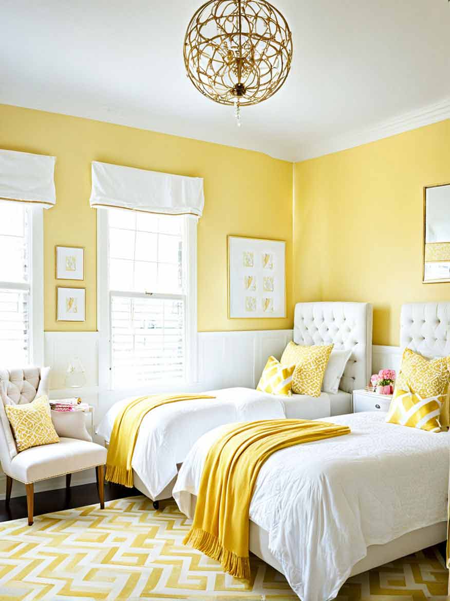Girls twin bedroom with yellow and white color scheme