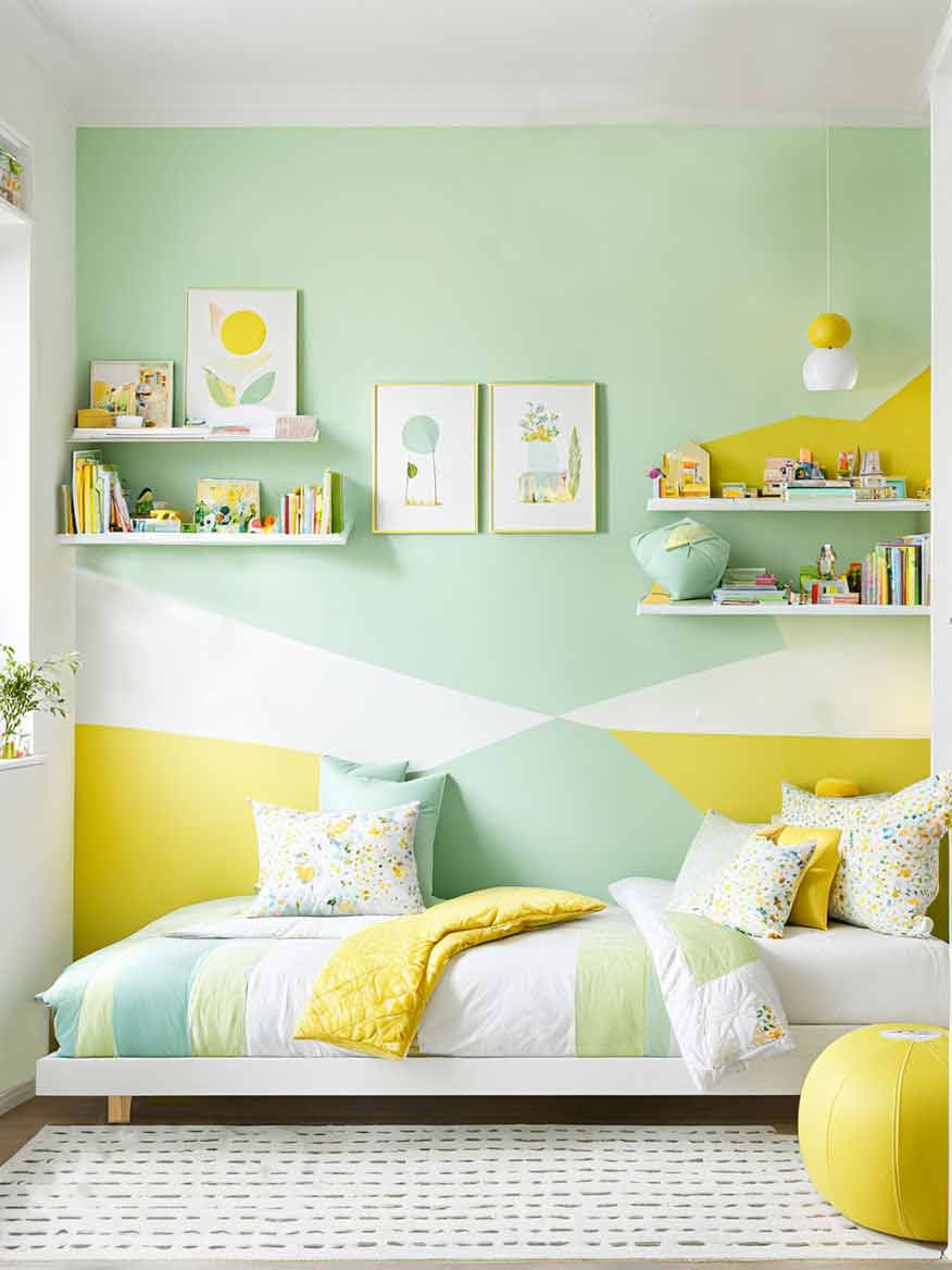 Kids yellow and green bedroom with geometric shapes painted on the walls