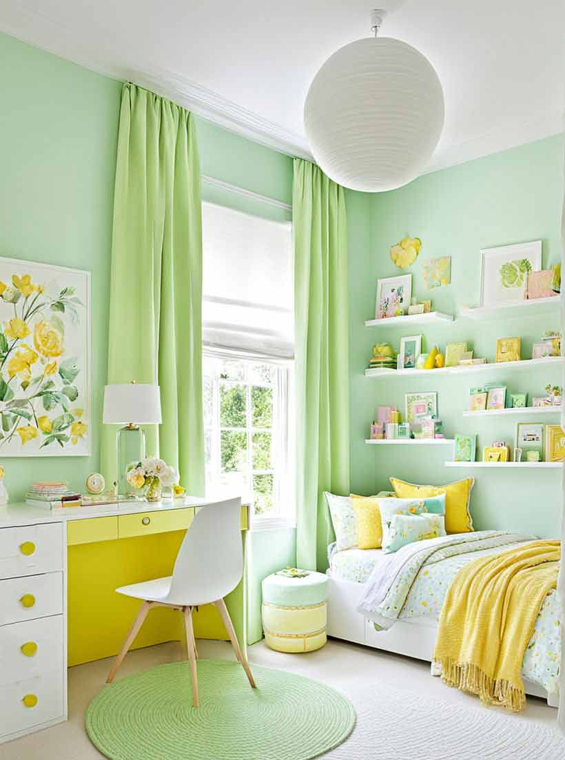 Light green and yellow girls bedroom with writing desk