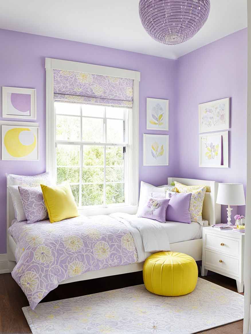 girls bedroom with yellow and purple color scheme