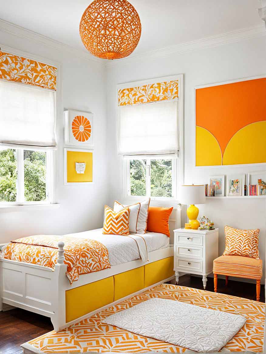 girls bedroom with yellow, white and orange color scheme