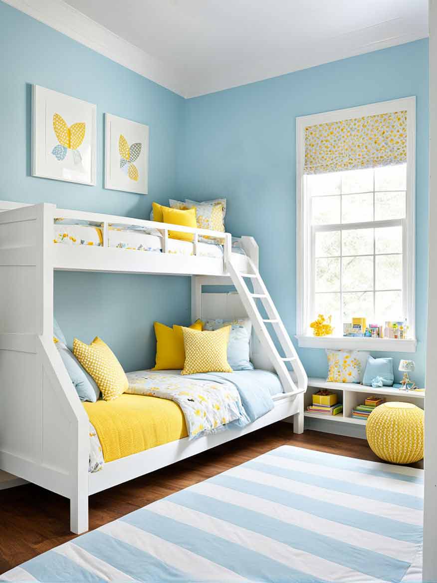 Girls bedroom with yellow, blue and white color scheme and bunk bed