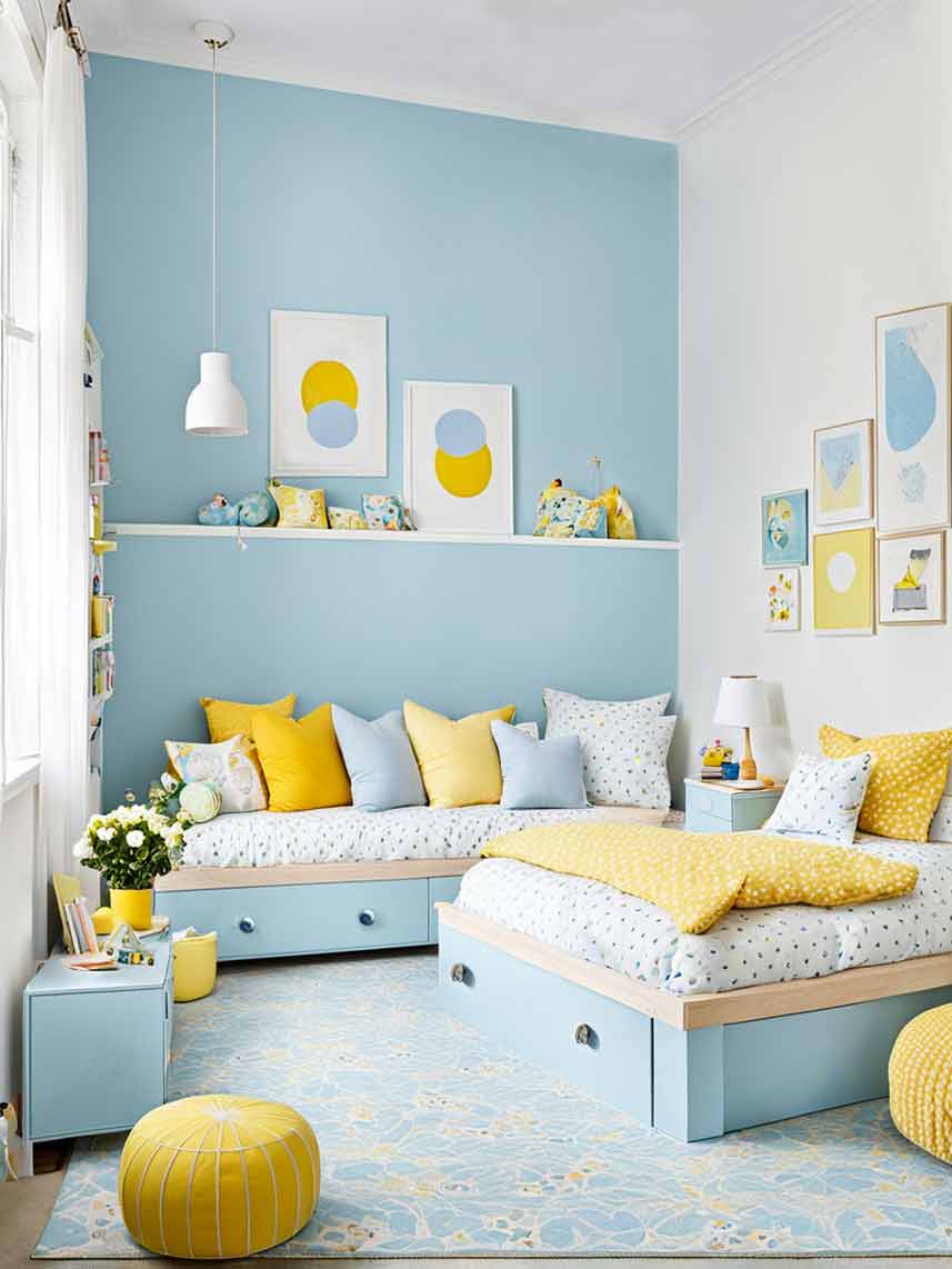 Girls bedroom with blue accent wall and yellow and white accent colors