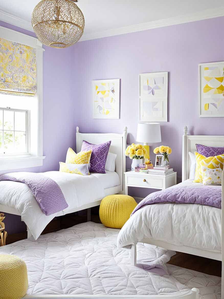 girls twin bedroom with purple and yellow color scheme