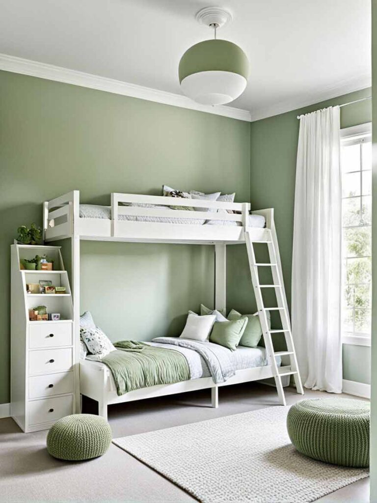 41+ Gorgeously Green Bedroom Ideas For Girls 6 white and sage green bedroom with bunk bed