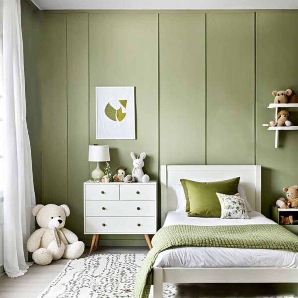 Olive green bedroom with single bed