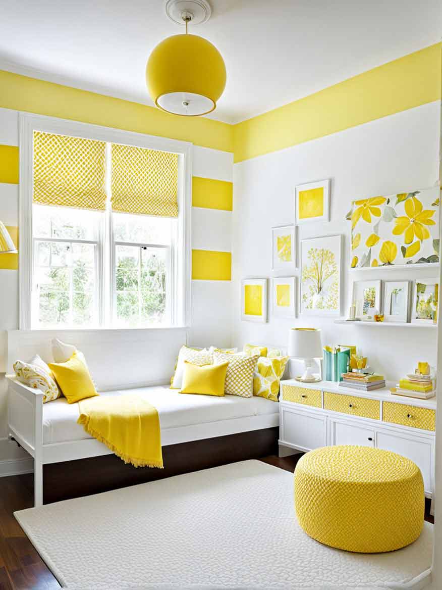 Girls bedroom with yellow and white color scheme