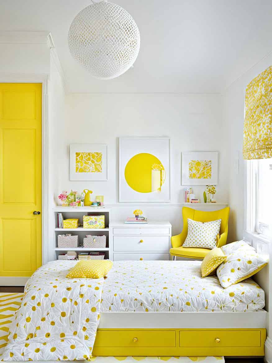 Girls bedroom with white walls and yellow accents