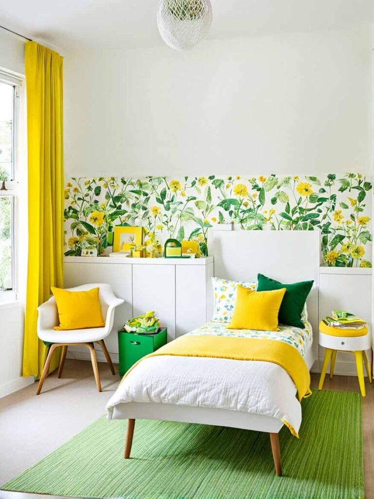 41+ Gorgeously Green Bedroom Ideas For Girls 21 girls green and yellow bedroom with wallpaper