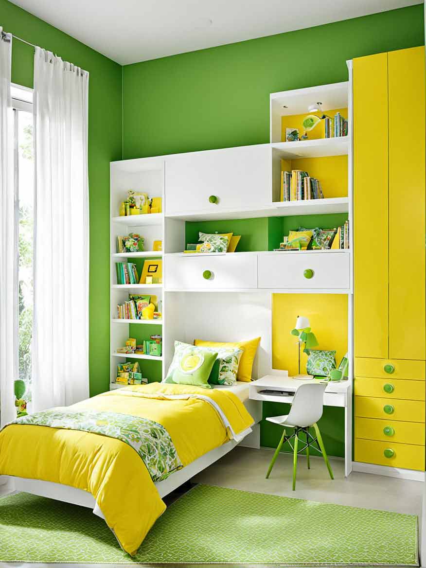 Girls bedroom with green and yellow color scheme