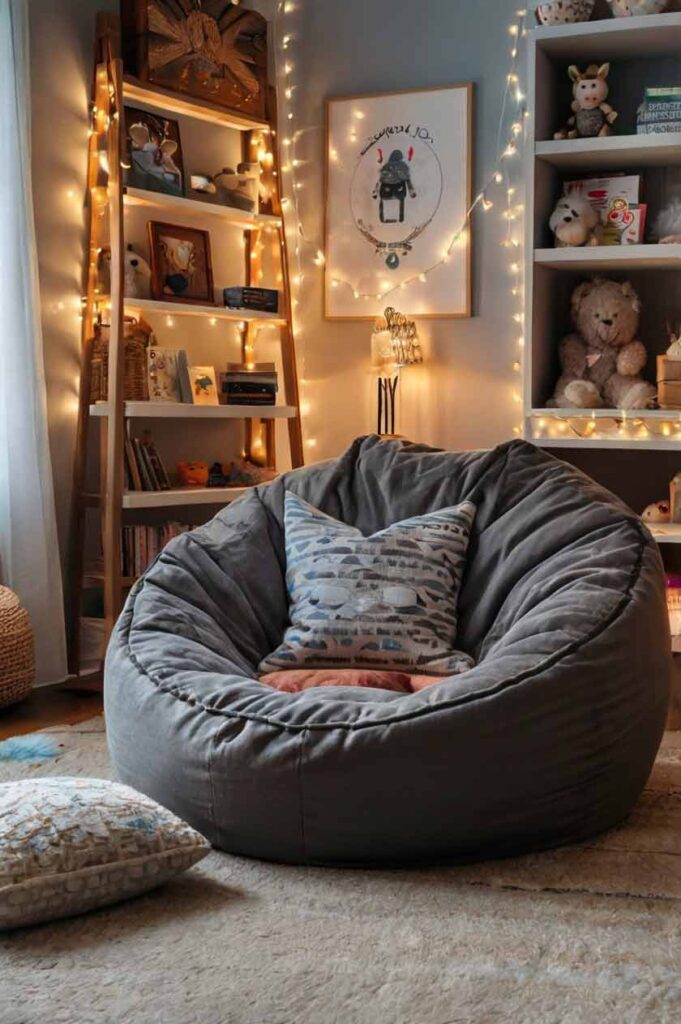 17+ Super Cute Reading Nook Chairs, Cushions & Bean Bag Chair Ideas For Kids 5 Reading nook with bean bag chair and fairy lights